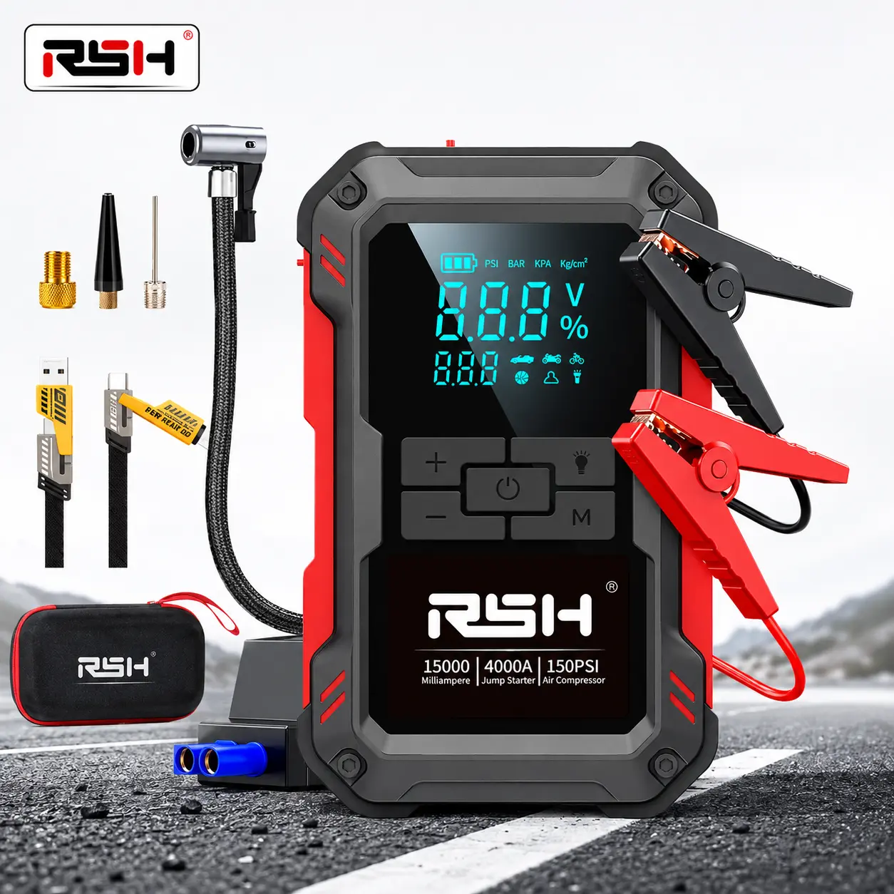 【RSH】2026 All-Season Savior – 4000A Car Jump Starter with 150PSI Tire Inflator, 15000mAh Power Bank & LED Light, Reliable in -20°F, Compatible with Most Cars & Trucks, For All Driving Situations