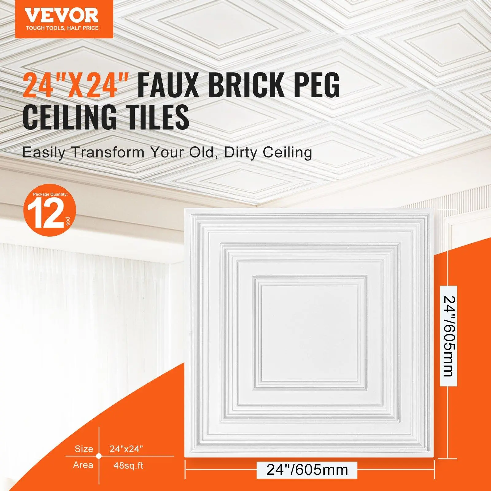 VEVOR Self-Adhesive PVC Ceiling Tiles, 12 Pcs 24"x24" White Peg Design, 0.02in Thin Profile Fireproof 3D Depth Texture Recyclable Contemporary Elegant Tiles, Easy-Install Interior Building Supplies - Father's Day Gift