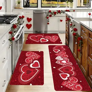 1pcs Valentine'S Day Flannel Kitchen Carpet Set, Red Love Heart Pattern Design, Outdoor And Indoor Entrance Mat, Welcome Mat, Suitable For Home, Living Room, Kitchen, Bedroom, Farmhouse, Study Room, Corridor, Laundry Room, Shoe Scraper Mat