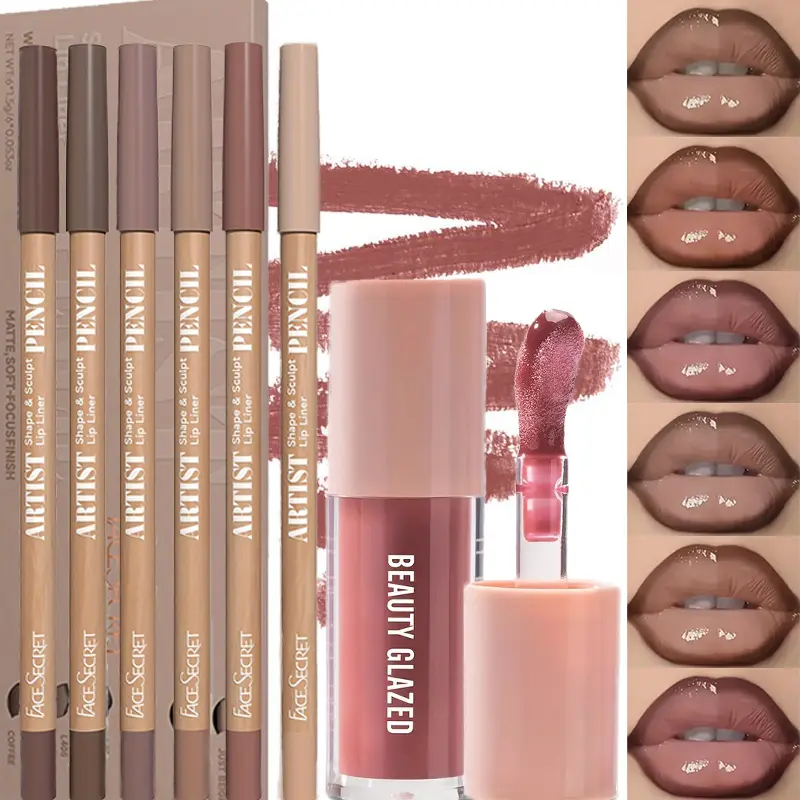 7pcs/Set Long Wear High Shine Lip Gloss Combo – Hydrating, Fresh, Lightweight & Plumping Lip Gloss with Nude-Brown Lip Liner, Non-Sticky Liquid Lipstick Collection