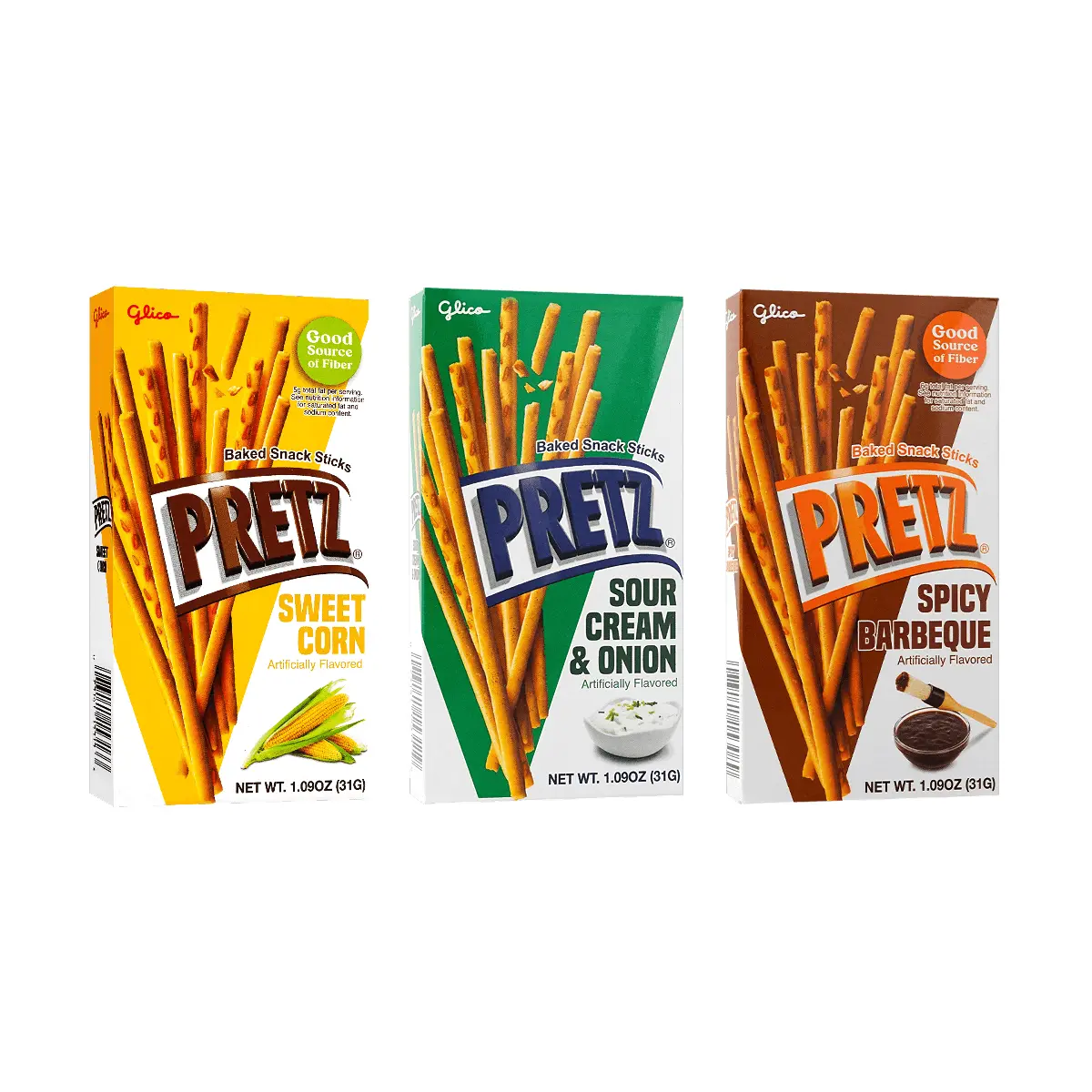 Glico Pretz Variety Pack - Sweet Corn, Sour Cream & Onion, Spicy BBQ Flavors - 3 Flavors x 93g Snack Sticks
