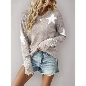 Women's Star Print Drop Shoulder Sweater, Regular Fit Casual Comfortable Long Sleeve Sweater Suitable for Autumn and Winter, Modern Aesthetic Clothing, Fashionable Women's Daily Wear Knitted Sweater, High Elastic Fabric Comfortable Wear, Vintage Clothing