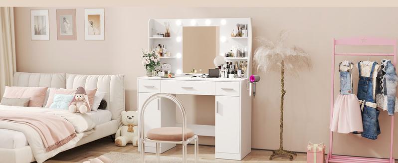 Vanity Desk with Adjustable Lighten Mirror & Power Outlet, Makeup Desk for Bedroom with a Storage Stool and 3 Drawers, 6 Storage Shelves, White Dresser for Girls