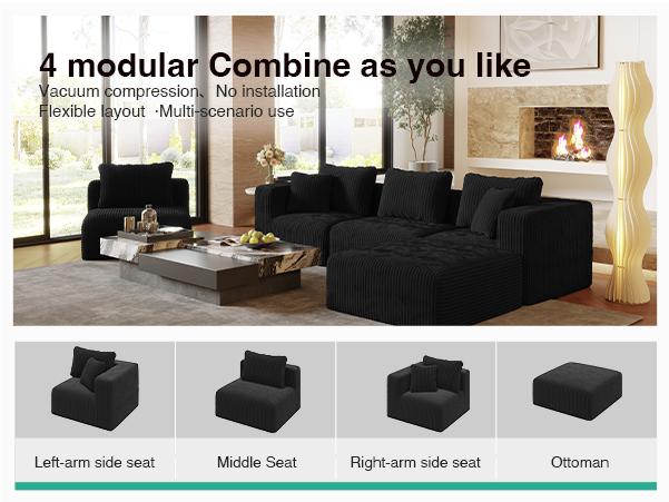 【4 Packages Shipping] Plush Corduroy Cloud Velvet Modular Couch with Chaise & Ottoman, No Assembly Required - L/U- Shaped Sectional Sofa Set with Flexible Configuration