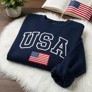 Embroidered USA Flag Sweatshirt, Patriotic Crewneck