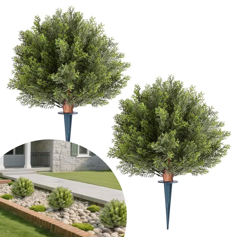 VEVOR Decorative Topiary Shape Artificial Cypress Trees with Ground Spike, 16in Set of 2 Faux Shrubs & Bushes Potted Plants, Realistic Look Fake Silk Trees for Front Porch Decor, Ideal Gift for Outdoor/Indoor Use