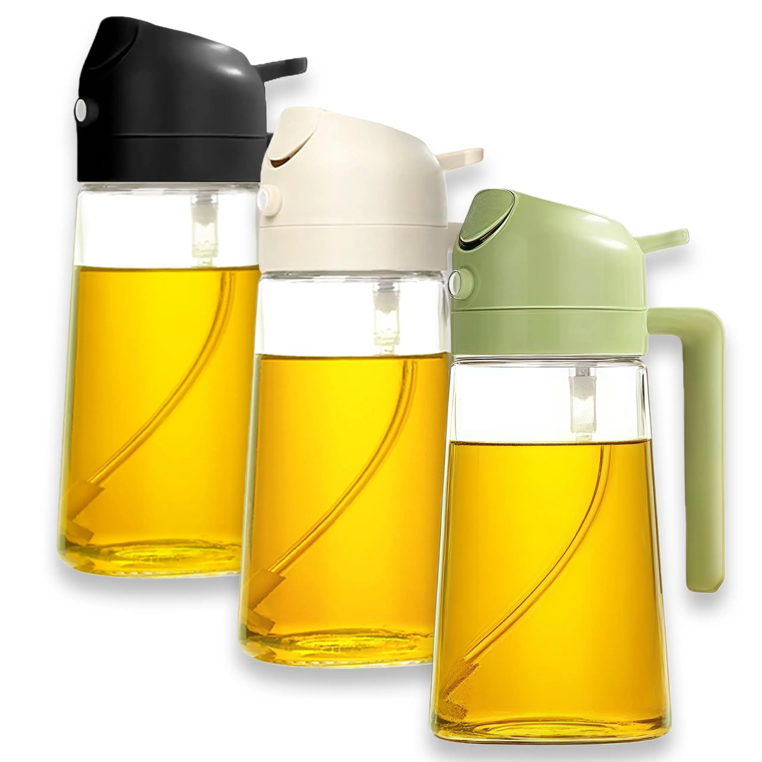 2026 New 3 Pack 2-in-1 Oil Dispenser Bottle Set, Glass Pour & Spray Olive Oil Bottle with Pump, Leak-Proof Kitchen Gadget for Cooking, Air Fryer, Salad (Black, Beige, Green)