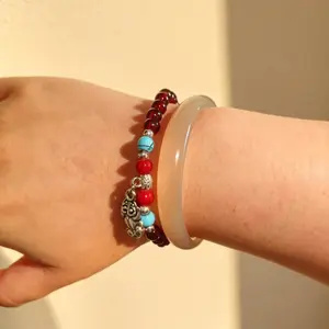 Handmade ethnic style bracelet, glass stone garnet, Tibetan style, deep red, purple red, random small pendant, handmade