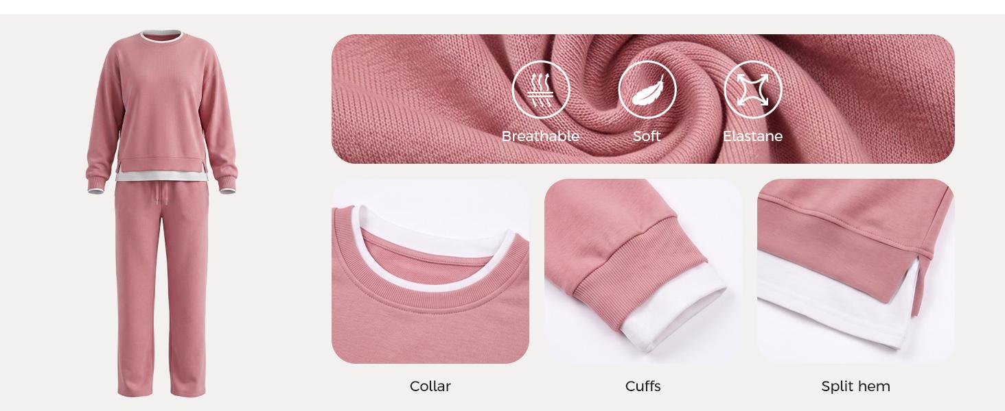 Fisoew Women's 2 Piece Set Fake Layering Crewneck Fleece Long-Sleeve Sweatshirt & Drawstring Medium Length Cropped Jogger Pants, Machine Wash Matching Loungewear Set, Women's Loungewear Sets Clothes Clothes Chic Lightweight