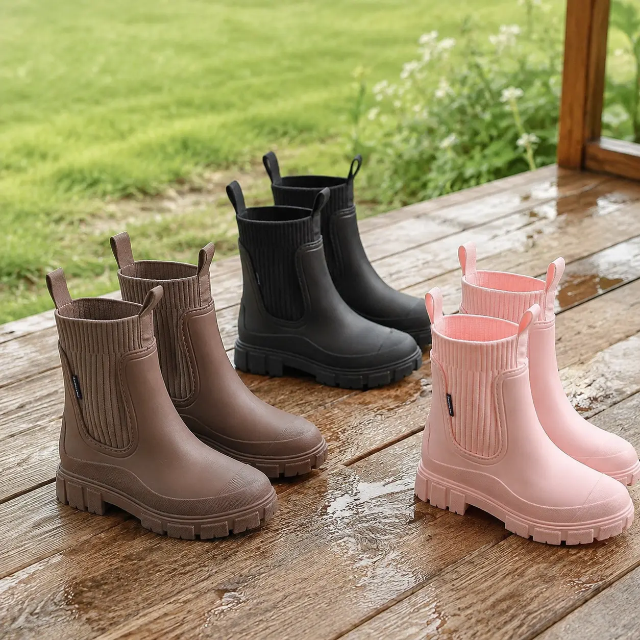 FEITAI Women's Rain Boots: Thick, Non-Slip Sole; Round Toe; PVC Sole and Upper; Comfortable Fabric Lining and Insole; Versatile Outdoor Footwear for Casual Wear.