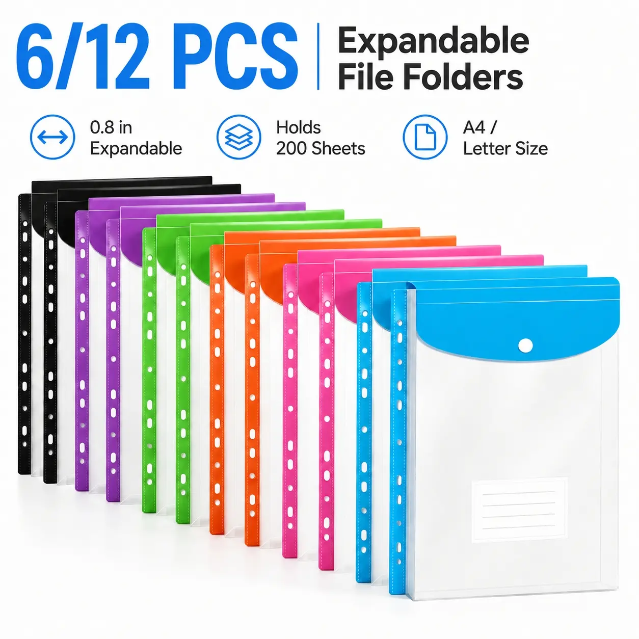 6/12 Pcs Binder Pockets for 2/3/4 Ring Binder, Binder Folders with Snap Button and Label, 6 Assorted Colors, Expandable Plastic Envelopes Binder Organizer Folders with 11 Holes for School Office Home, Perfect for Letter Size