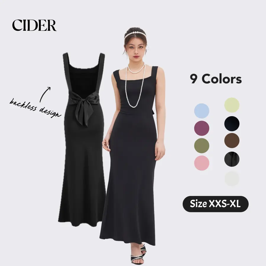 Cider Scoop Neckline Solid Bowknot Backless Maxi Dress Minimalist High Stretch Womenswear Summer SohoChic