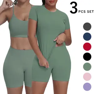 Women's yoga three-piece set: comfortable sports bra, short-sleeved top and tight shorts, breathable and fast-drying fabrics, beach volleyball uniforms, workout sets for women