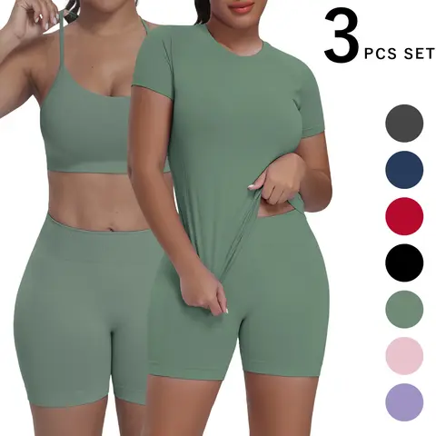 Women's 3-Piece Seamless Gym Workout Sets - Lightweight Compression Sportswear with Short-Sleeve T-Shirts, Sports Bra, High-Waist Yoga Bottoms, Compression Shirt Women, Trendy Tones, Easy Styling for Yoga, Gym Training