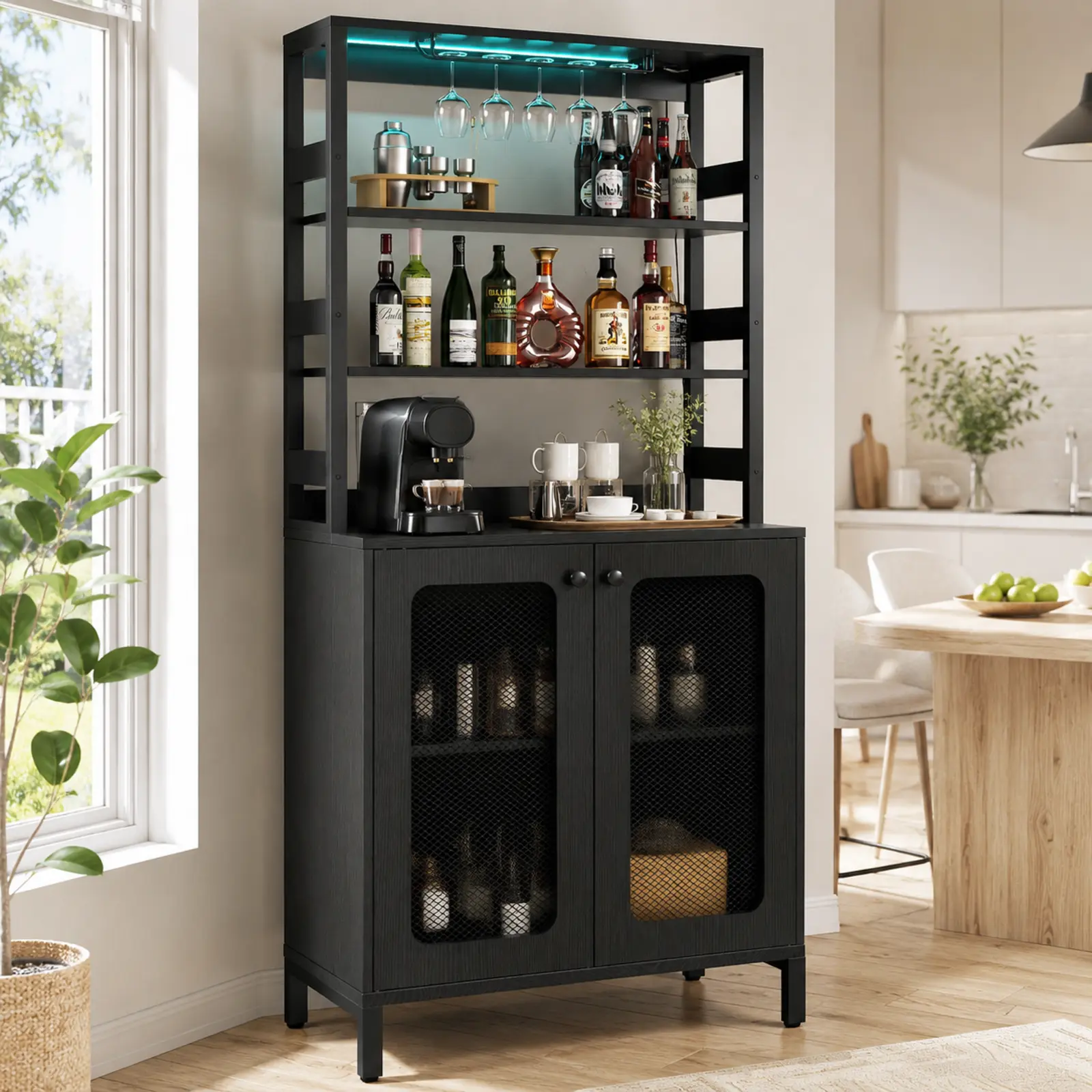 67" Tall Heavy-Duty Wood Bar Cabinet with Power Outlets, RGB LED Lights, Wine Liquor Storage, Glass Holder, Coffee Station for Bar Decor