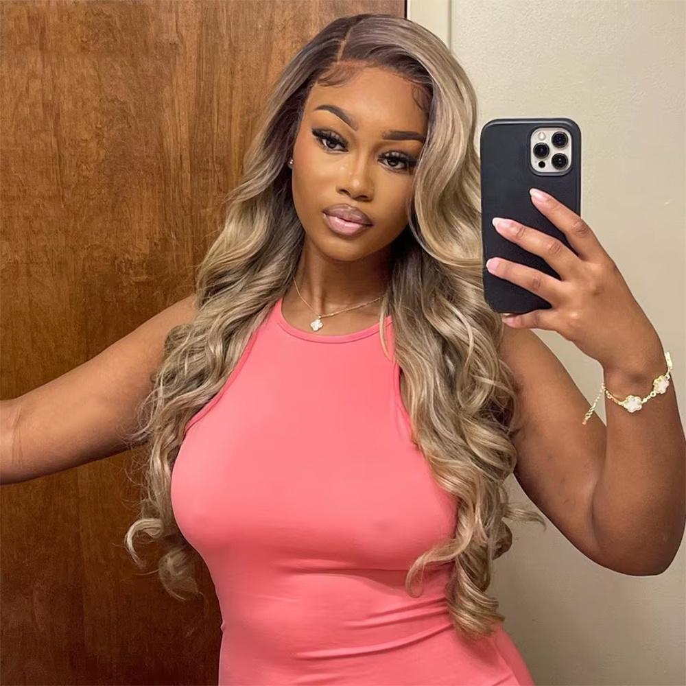 Milk Tea Ombre Ash Blonde Lace Front Wig Human Hair Upgrades 13x6 Body Wave Lace Front Wig for Women HD Invisible Frontal Wig For Women Brown Root Ombre Human Hair Wig SpringStatements