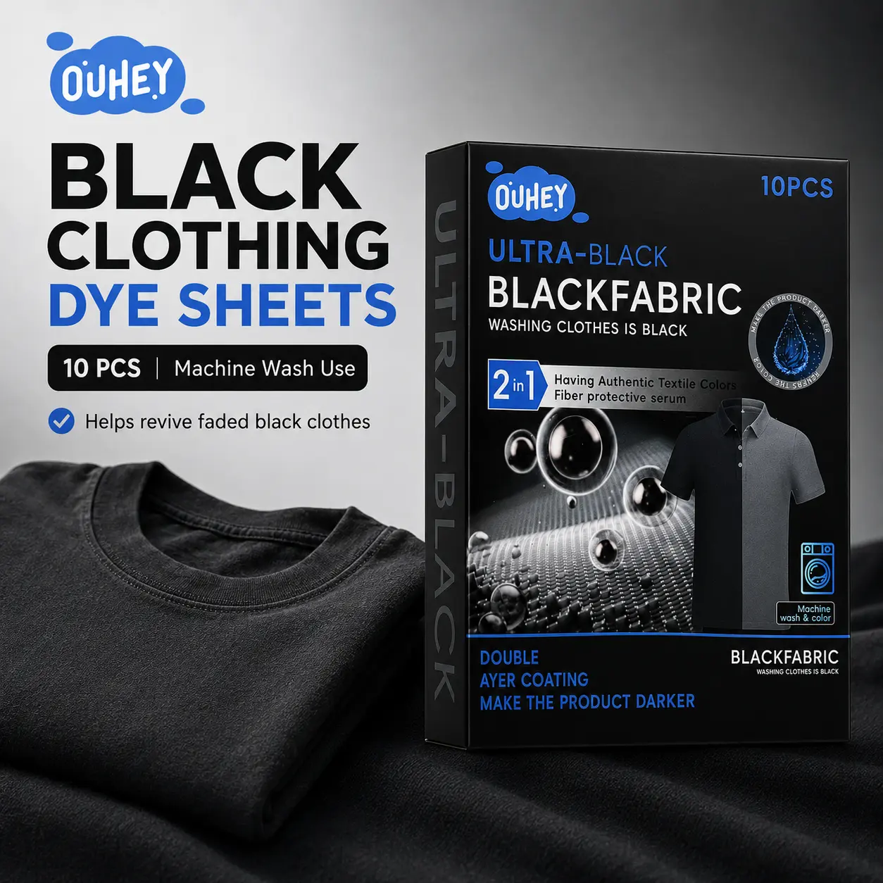 Household Darkening Effect Laundry Dye Sheets (10 Count) - Wash-In Dark Garment Color Restorer for Washer/Handwash Use, Fits Black Clothes, T-Shirts, Jeans, Includes Gloves, Laundry Sheets