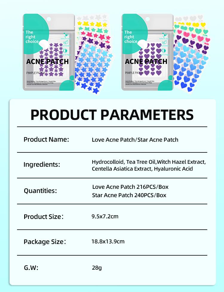 Pimple Patch for face, 2 sizes  Star Patch (240pcs) and Love Patch (216pcs)，Hydrocolloid Acne Patches，Witch Hazel Extract & Tea Tree Oil ， Skincare Skin Repair