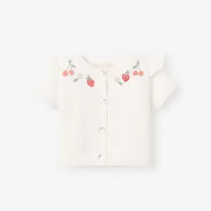 Strawberry Flutter Sleeve Hand-Embroidered Baby Cardigan