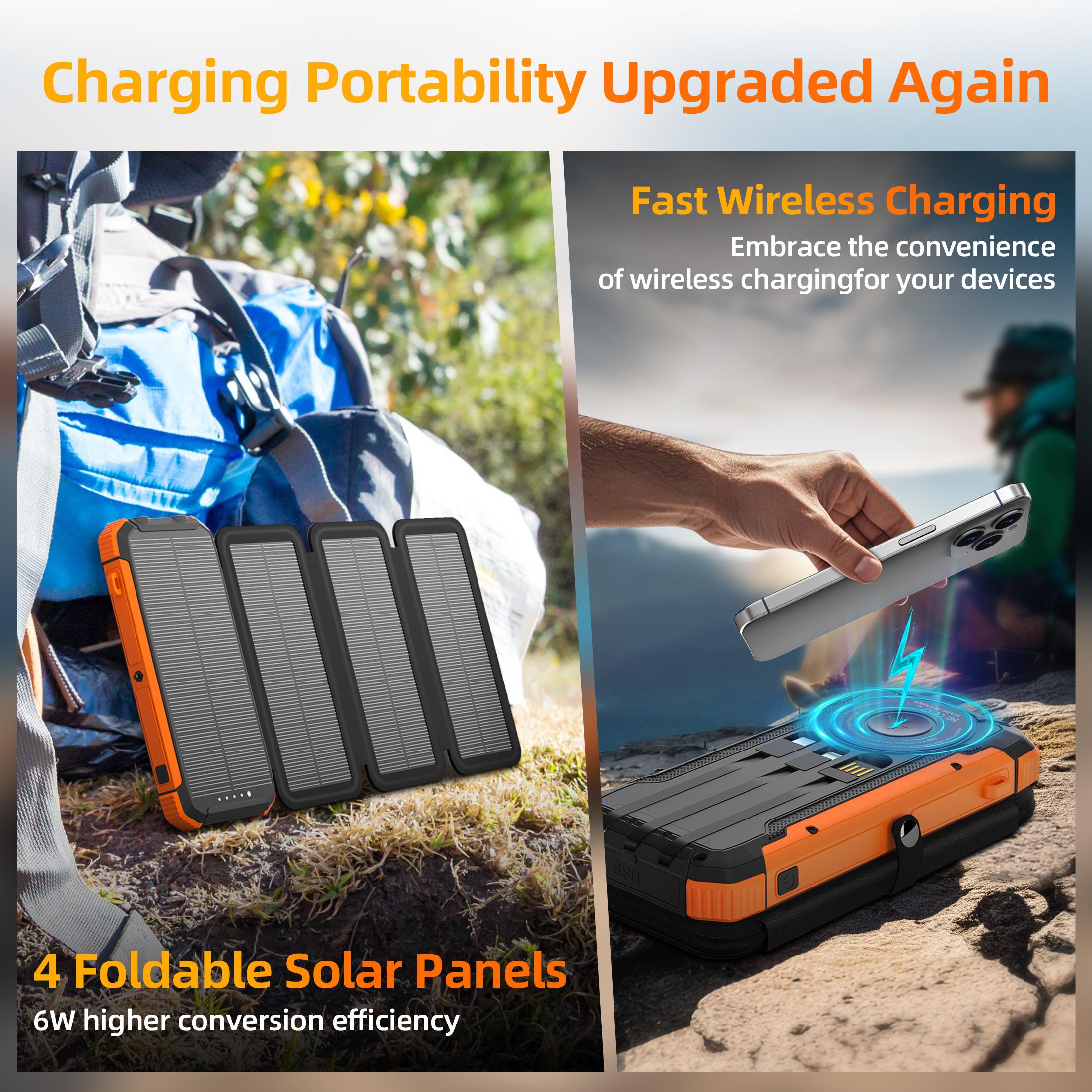 20000mAh Solar power bank PD 15W Fast Solar Charger with Foldable Panels 4 Foldable Panels 15W Wireless Built-in Cables USB-C In/Out Camping Hurricane Emergency Smart iPhone 17 Compatible Chargeable Power Bank Travel Battery Pack power bank
