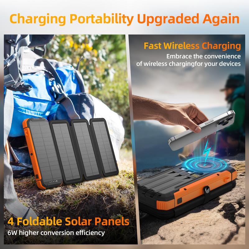20000mAh Solar power bank PD 15W Fast Solar Charger with Foldable Panels 4 Foldable Panels 15W Wireless Built-in Cables USB-C In/Out Camping Hurricane Emergency Smart iPhone 17 Compatible Chargeable Power Bank