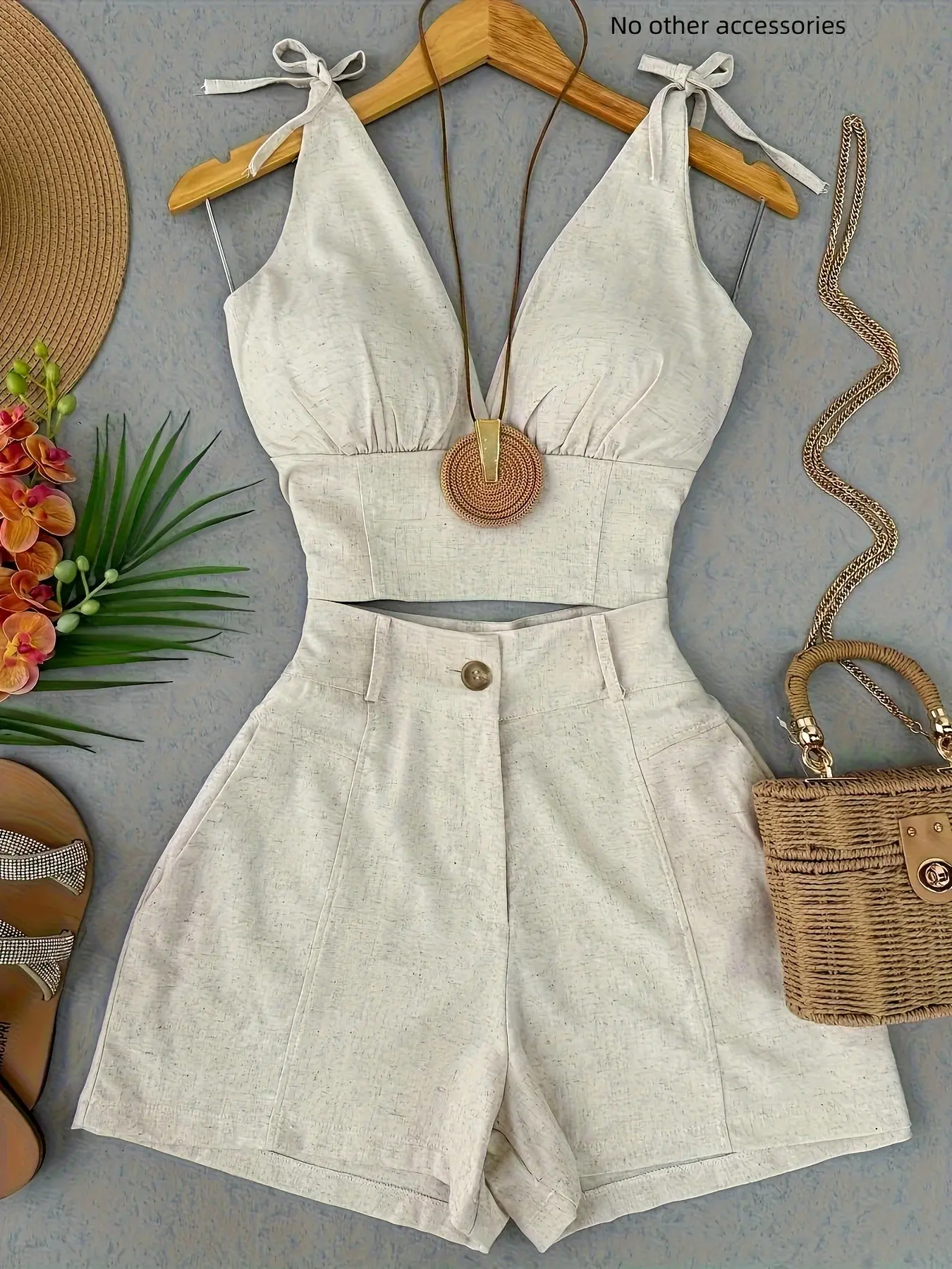 Vintage Solid Sleeveless Waist-Defining Fit Crop Tank Top and Shorts Set, Retro Style for Summer, Basic Essential for Women