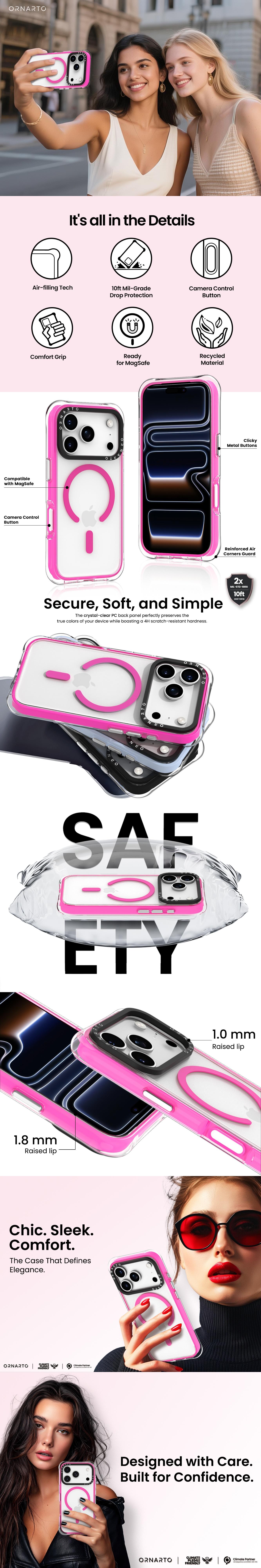 ORNARTO Diamond Air Case for iPhone 17 16 15 Series Military-Grade Drop Protection Cover with Built-in Air Crystal Clear Backplate Shockproof Magsafe Phone Case