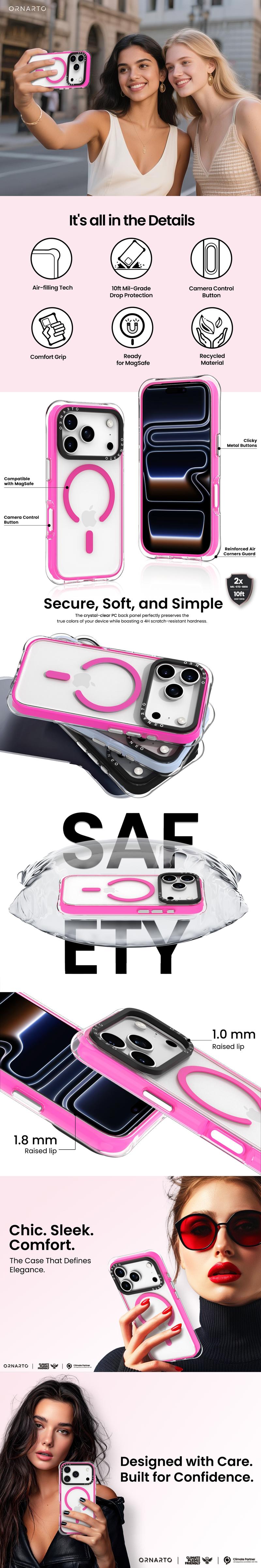 ORNARTO Diamond Air Case for iPhone 17 16 15 Series Military-Grade Drop Protection Cover with Built-in Air Crystal Clear Backplate Shockproof Magsafe Phone Case