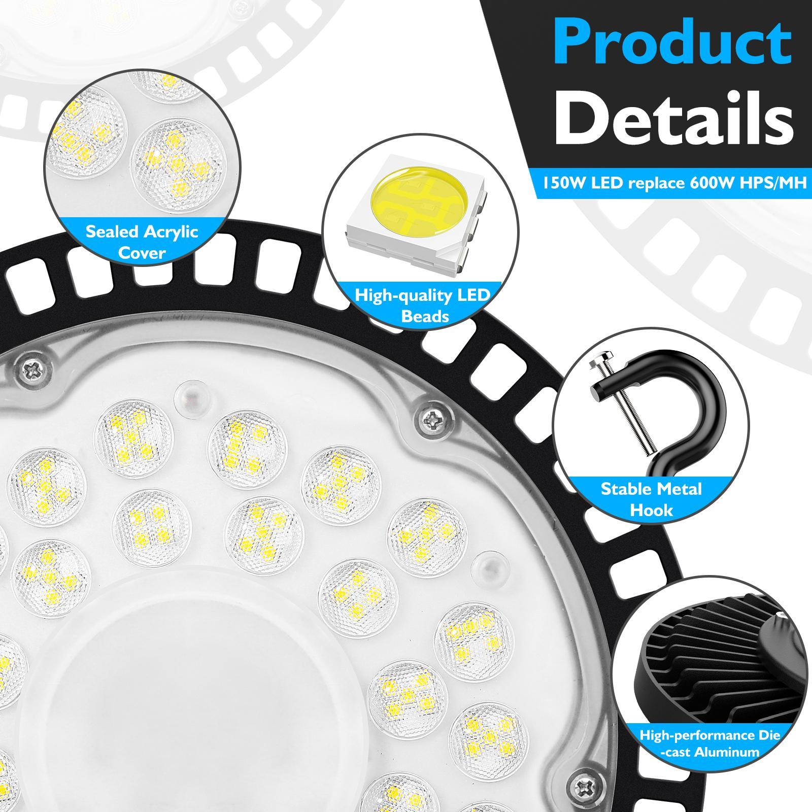 24000LM UFO LED High Bay Lights Set of 2, 150W LED Shop Lights, 600W MH/HPS Equivalent Warehouse Lights 5000K, Waterproof Industrial Commercial Lighting Fixtures for Workshop Barn Garage, Non-dimmable