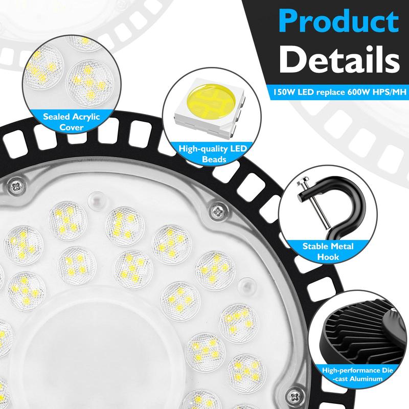24000LM UFO LED High Bay Lights Set of 2, 150W LED Shop Lights, 600W MH/HPS Equivalent Warehouse Lights 5000K, Waterproof Industrial Commercial Lighting Fixtures for Workshop Barn Garage, Non-dimmable