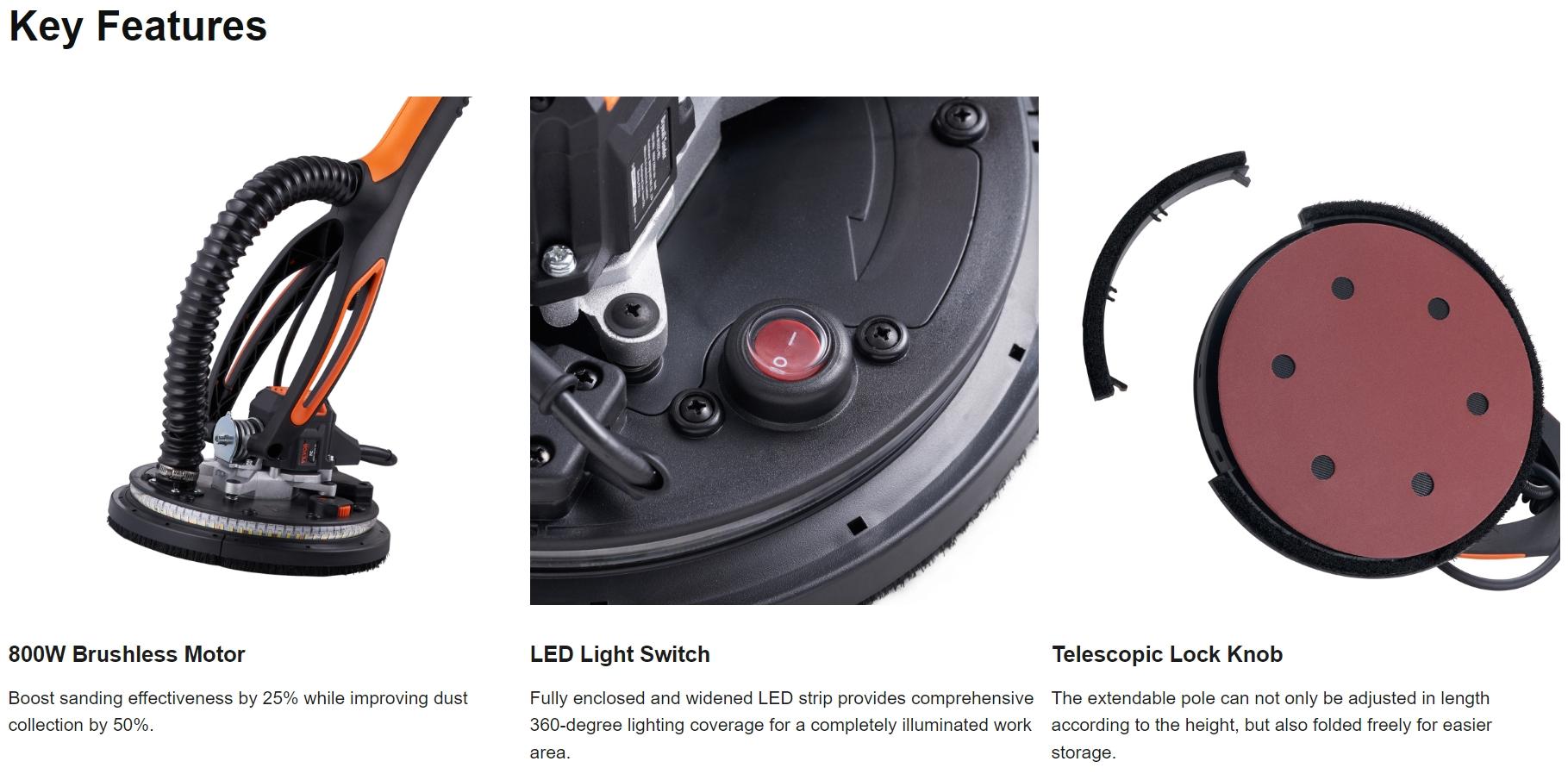 VEVOR Drywall Sander (Dust Bag not Included, TikTokShopBlackFriday, Compatilble /w Vacuum Cleaner), 800W Brushless Motor Electric Sander, Variable Speed 1000-2300 RPM Wall Sander, Foldable Ceiling Sander with Double-Deck