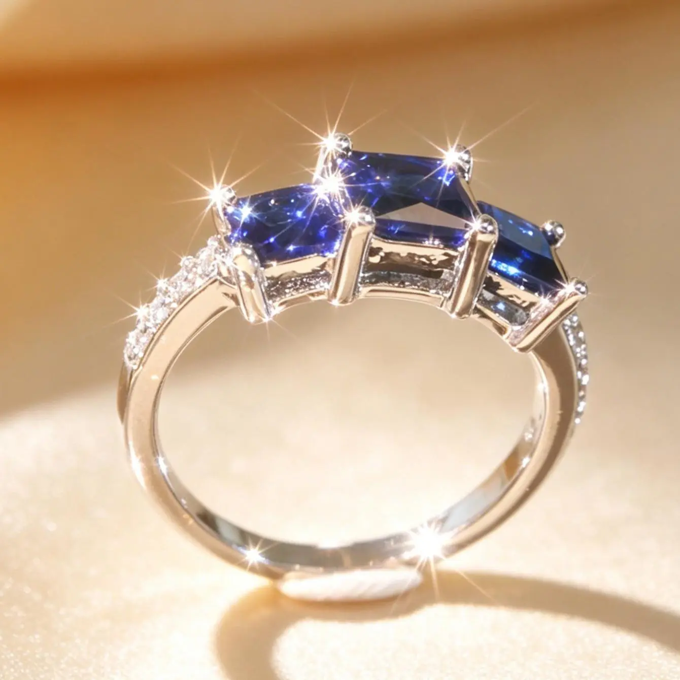 Vintage 3-Stone Princess Cut Blue Sapphire Ring - Full Pavé White Cubic Zirconia, High-Polish Silver Plated Trilogy Set, Engagement Ring Trends, Luxury Cocktail Statement Jewelry Gift For Women, Sapphire Rings, Anniversary