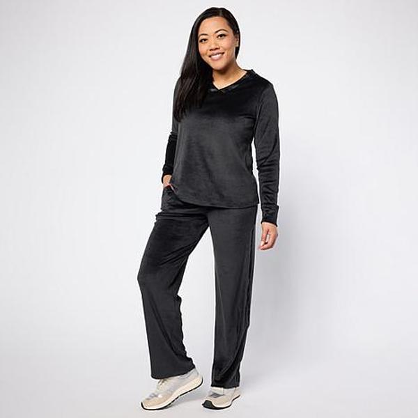 Comfort Code Silky Velvet Satin Trim 2-piece Top and Pant Sleep Set