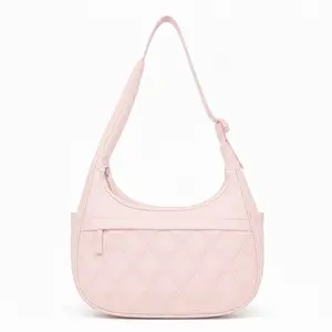 Five Seasons Home Quilted Crescent Shoulder Bag for Women, Soft Nylon, Multi-Pocket Everyday Organizer, Lightweight Chic Design - Pink