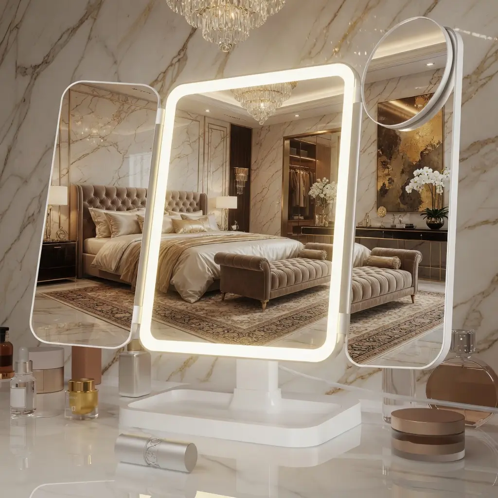 Portable LED Light Makeup Mirror, Vanity Mirror with Lights, 3-fold Foldable Rechargeable Mirror with 2x 3x & 10x Magnification, Touch Control Mirror for Travel & Bedroom Use, Rechargeable Trifold Mirror