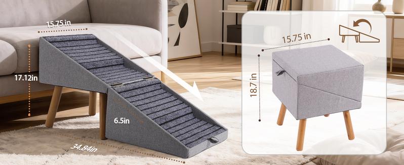 17'' Dog Stairs Ramp for Couch | Wooden Ottoman Ramp for Sofa or Short Bed | for Senior,Small, Medium Dogs, Dachshund | 2-in-1 Convertible Home Step Stool with Wood Foot