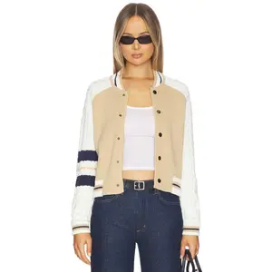 Central Park West Chloe Cable Sleeve Knit Bomber in Camel