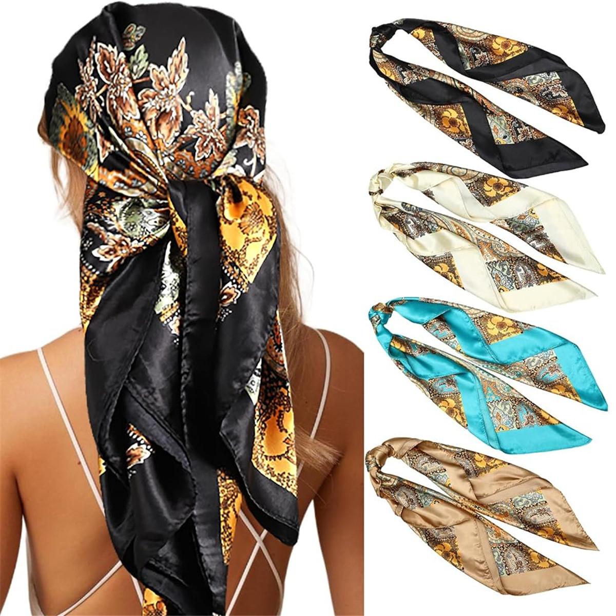 4PCS/Set 35'' Printed Square Head Scarf Neck Scarves for Women Silk Like Hair Kerchief Bandanas Neck Scarf Sleeping Head Wraps Hair Band Headscarf Female Hair Accessories 4PCS/Set 35'' Printed Square Head Scarf Neck Scarves for Women Silk Like Hair Kerchief Bandanas Neck Scarf Sleeping Head Wraps Hair Band Headscarf Female Hair Accessories
