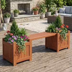 Spaco Solid Wood Flower Box Mini Outdoor Planter Boxes with Bench, Small Wooden Planter Seat for Garden Patio Balcony, Rustic Outdoor Flower Planter Bench Set