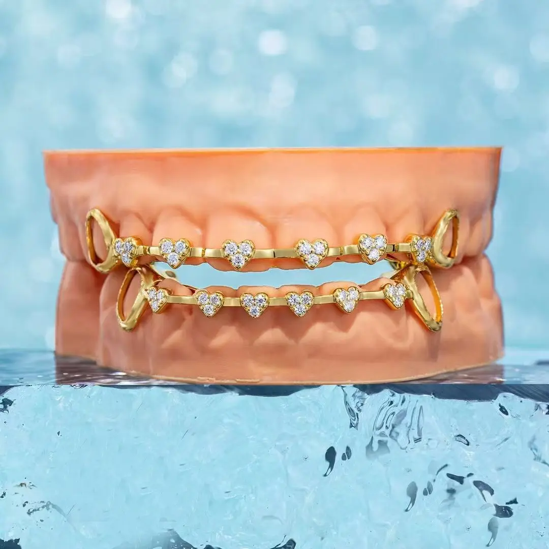 Holiday Haul Heart-shaped Bead Orthodontic Bracket - Hip Hop Bracket - 8-Dent Tooth Bracket with Precious Metal Electroplating and Engraved Hearts Full Diamonds - Hip Hop Jewelry Special Occasion Jar Gift Cute Luxury Set ultra magnetic elegant party
