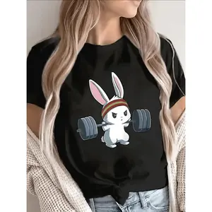 Durable Lightweight Short Sleeve TShirt Featuring Adorable Bunny Lifting Weights Perfect for Casual Wear at Home or Gym Comfortable Everyday Attire