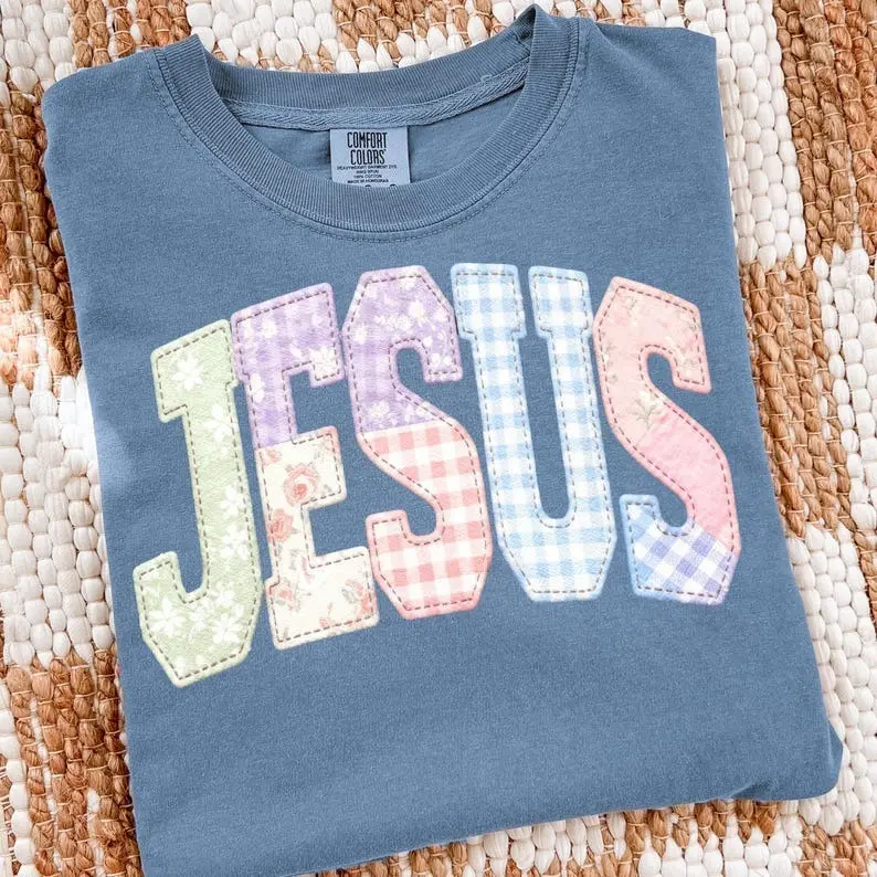 Comfort Color Jesus T-shirt, Faux Quilted Religious Shirt, Faux Embroidered Christian Sublimation T-shirt, Varsity Faith Tee, Preppy Cottagecore Jesus Shirt