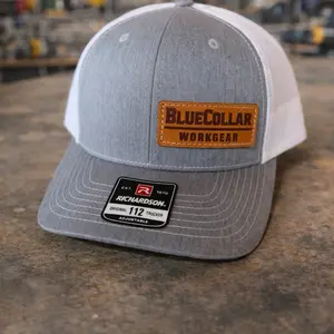 BLUECOLLAR WORKGEAR Heather Gray/White Richardson 112 SnapBack with Laser Engraved Patch.