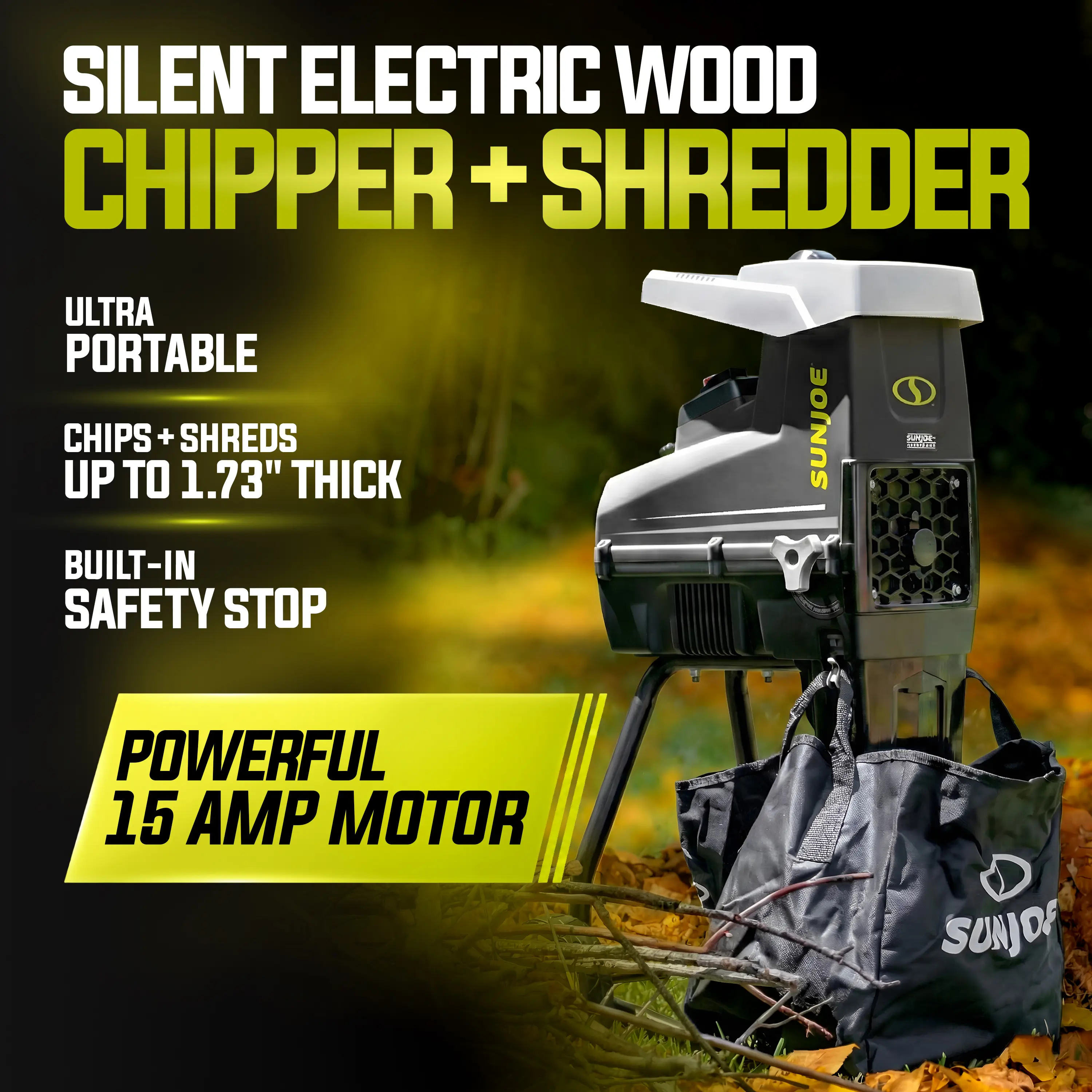 Sun Joe Silent Operation 15-Amp Motor Electric Wood Chipper + Shredder with Collection Bag, 1.7-in Cutting Diameter, for Yard Cleanup