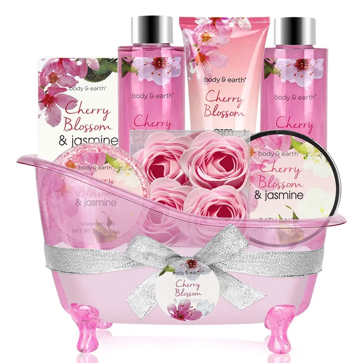 Bath and Body Spa Set with Cherry Blossom & Jasmine Scent Bubble Bath, Shower Gel, Shampoo Bar Soap, Self Care Bundles, Bubble Skincare, Valentine's Day Gift Basket Mother's Day Gift For Mom Pamper Your Mother