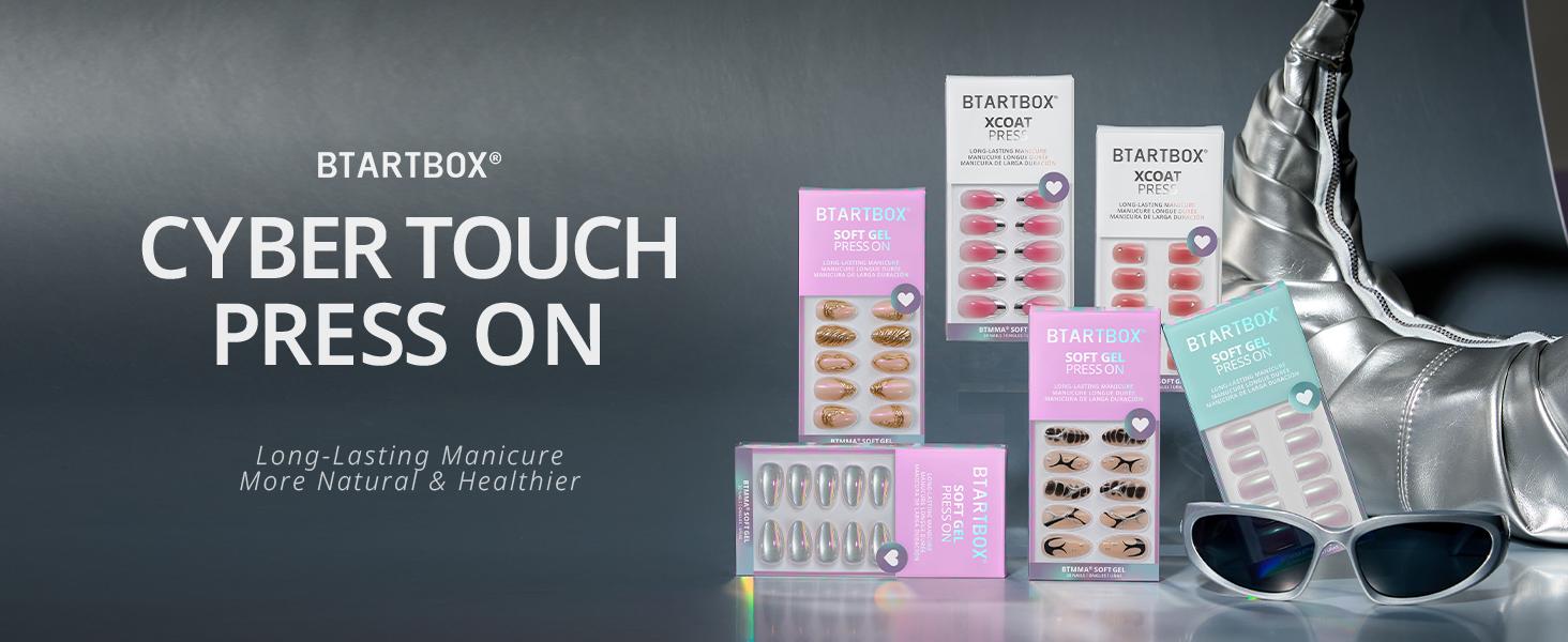 BTArtbox French Tip Press On Nails Lamp-Curable Blush Red Almond with Glue for Women Silver Outline Soft Gel in 15 Sizes 30 Stick On Nails Kit Trendy Style