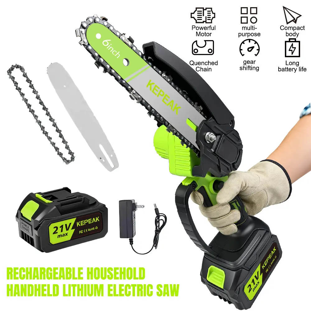 6 Inch Mini Cordless Electric Chainsaw, 21V Rechargeable Lithium Handheld Chainsaw with Copper Core Motor, Portable Pruning Saw for Tree Trimming, Wood Cutting & Garden Yard Work