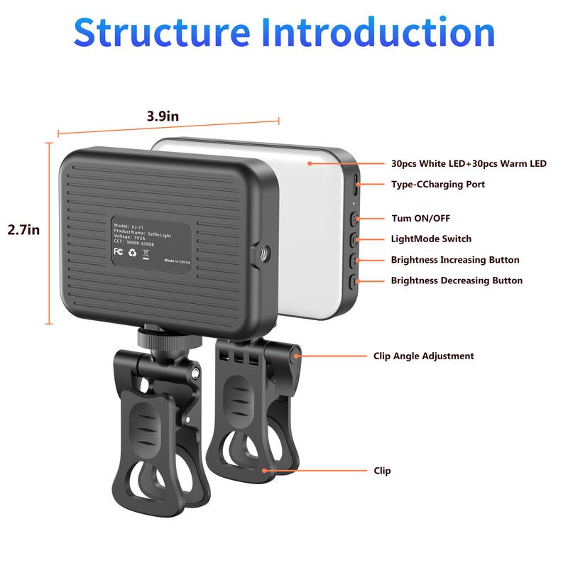 Rechargeable Clip-On Selfie Light | Fill Light for Video Calls, Streaming & Makeup Compatible with Phone, Laptop, Tablet