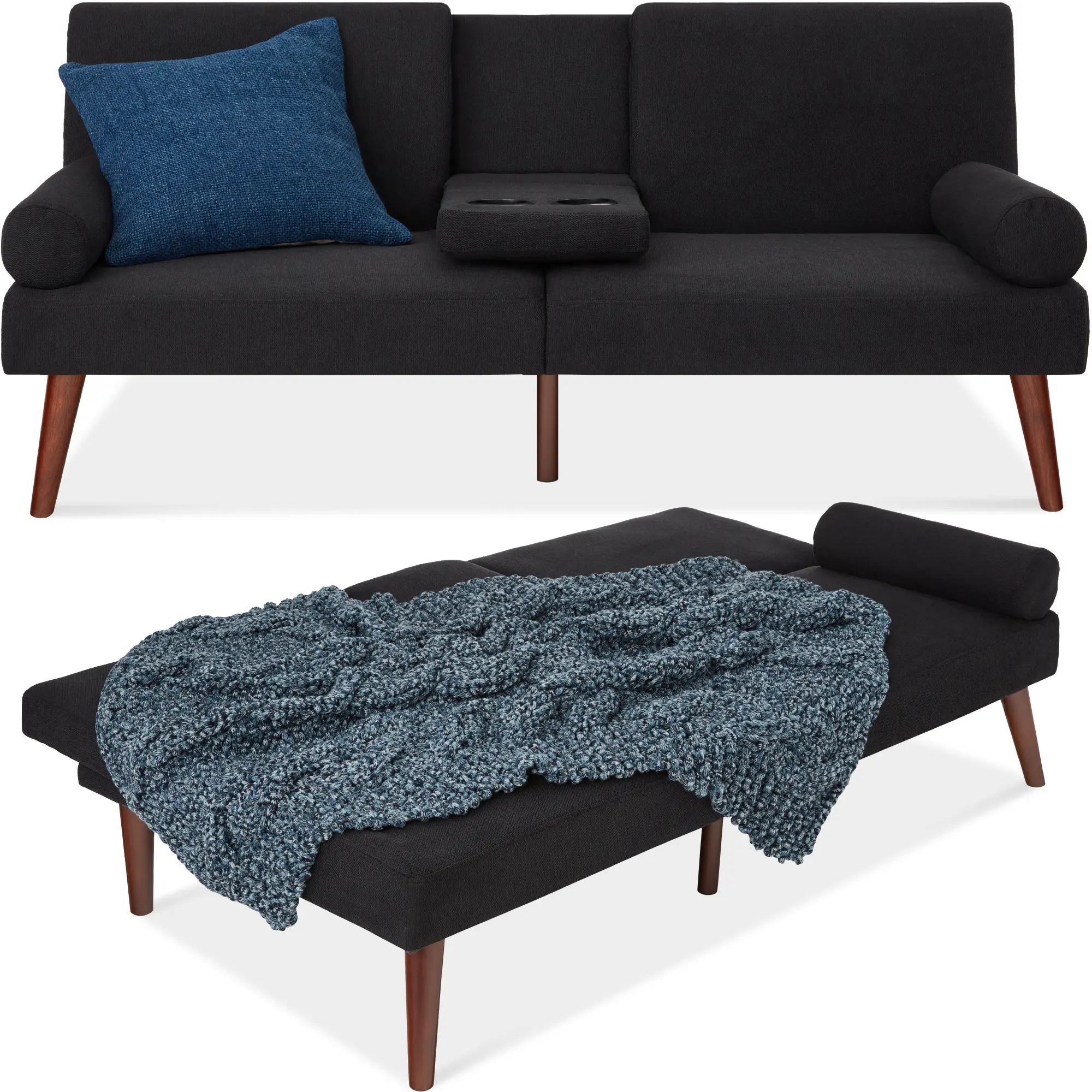 Best Choice Products Fabric Upholstered Convertible Futon w/ Rounded Armrests, Wooden Legs, 2 Cupholders