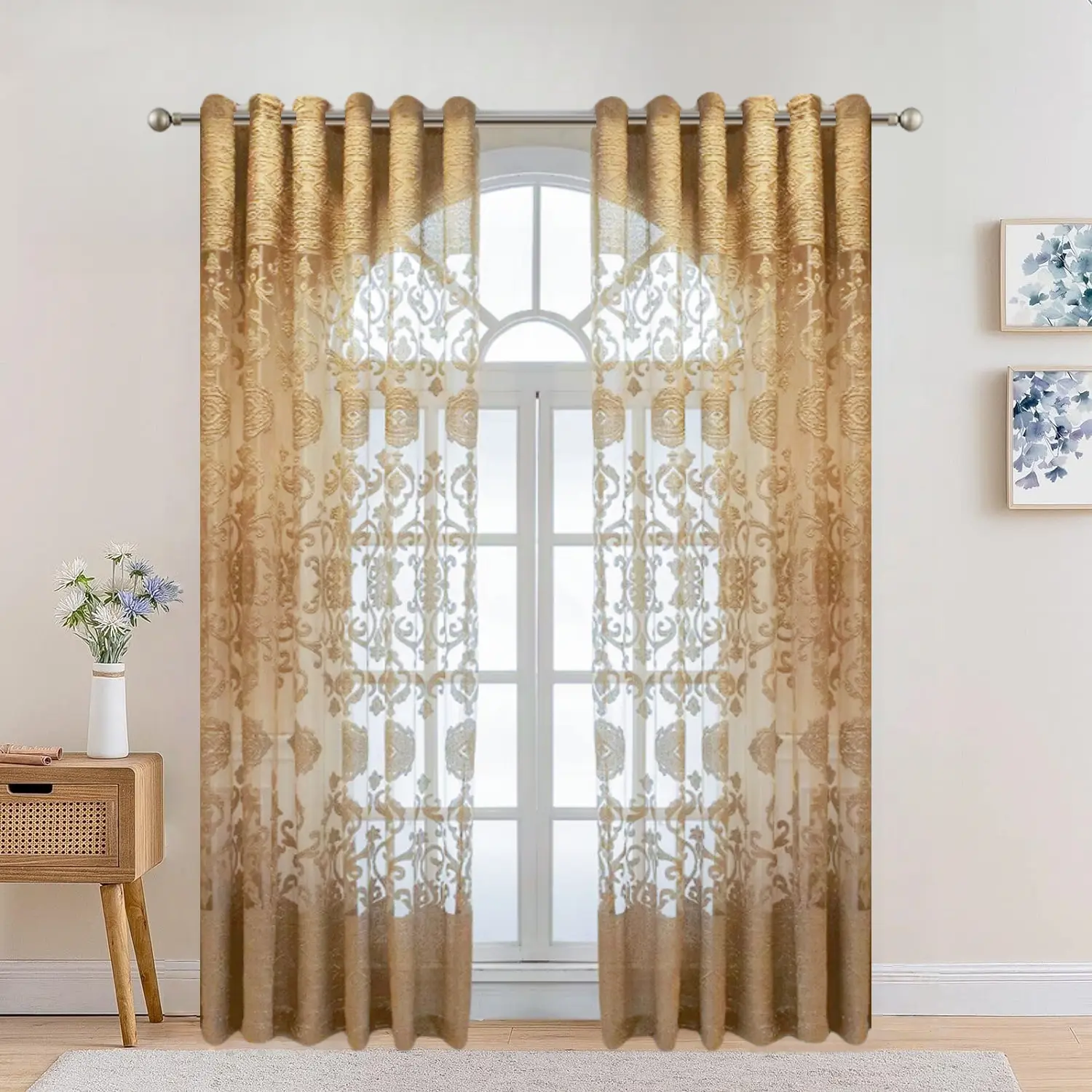 European Golden Flower Embroidery Sheer Decorative Curtains, Luxury Grommet-Top Translucent Elegant Voile Drapes, 52in Wide x 96in Long Living Room Decor Curtain Panels (1 Set of 2), Translucent Curtains